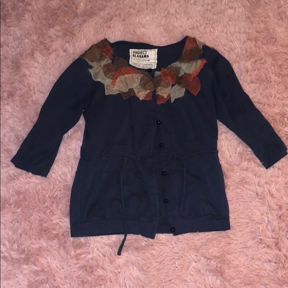 Navy Fall Cardigan. Leaf appliqué